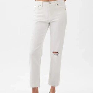 Gap Cheeky Straight High Rise White Denim Jeans 24/00 Petite 5Pocket Raw Hem NWT